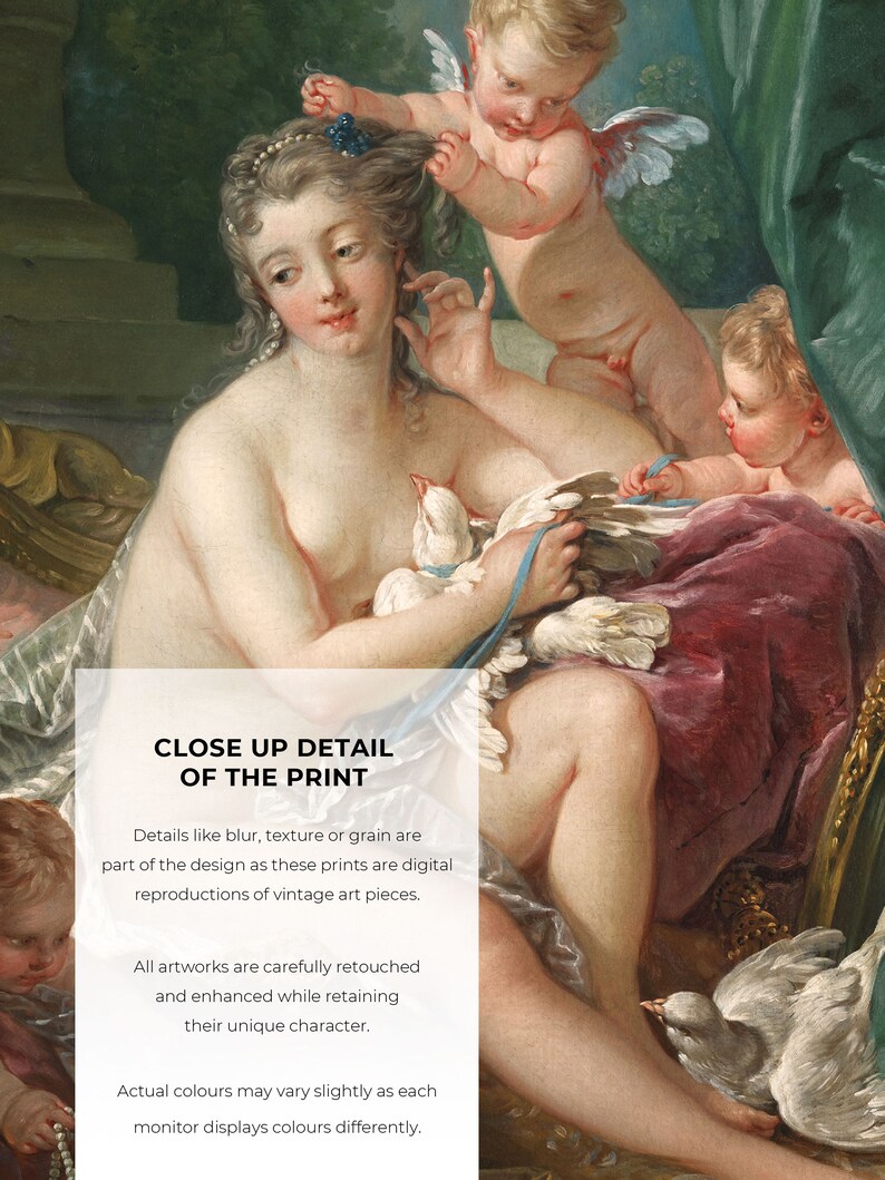 May include: A vintage art print featuring a woman with a white dove in her lap, surrounded by two cherubs. The print has a soft, romantic feel and is a beautiful example of classical art.