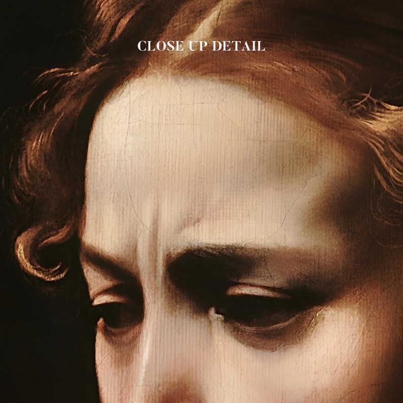 May include: Close-up detail of a painting showing a person's face. The person has brown hair and is looking down. The painting is done in a realistic style and the brushstrokes are visible.
