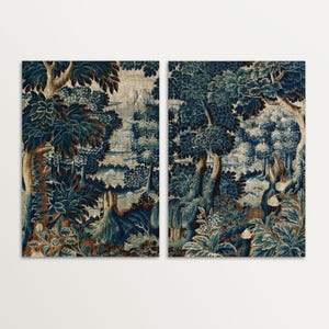 Set of two unframed verdure tapestry prints featuring blue foliage, trees and textured antique detailing displayed against a light background. The vintage botanical artwork is shown side by side to highlight the matching diptych wall art design.