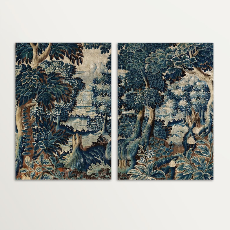 Set of two unframed verdure tapestry prints featuring blue foliage, trees and textured antique detailing displayed against a light background. The vintage botanical artwork is shown side by side to highlight the matching diptych wall art design.
