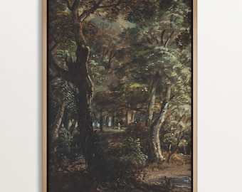 Moody Woodland Canvas – Framed Vintage Forest Print, Dark Landscape Wall Art, Rustic Nature Decor, Gift for Nature Lovers