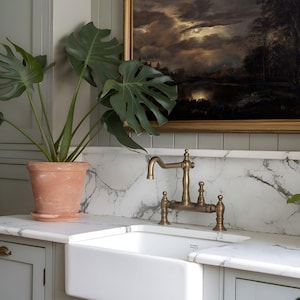 Dark landscape art print in a golden frame, displayed above a farmhouse sink with brass fixtures and a terracotta pot with green leaves in a kitchen setting.