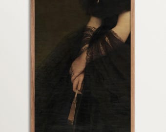 May include: A framed vintage portrait featuring a person in a black dress, holding a gold fan. The artwork showcases intricate details of lace and jewelry, with a dark, moody aesthetic. The wooden frame adds a classic touch.