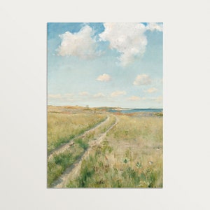 May include: A painting of a dirt road winding through a grassy field towards a body of water. The sky is blue with white clouds.