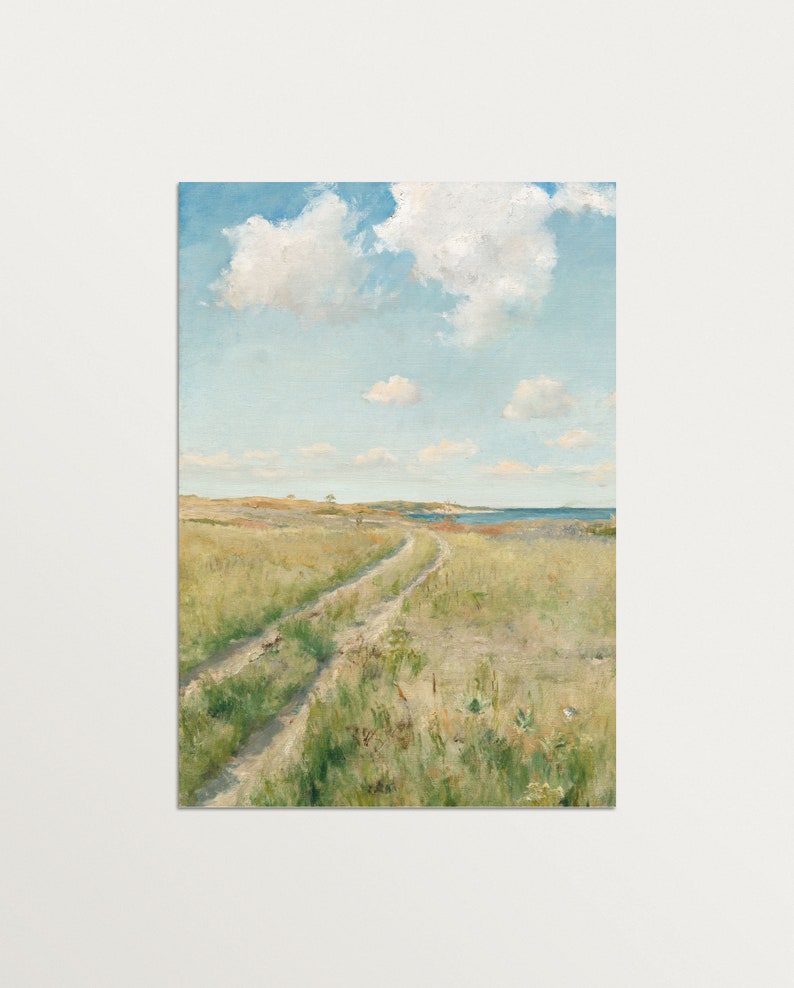 May include: A painting of a dirt road winding through a grassy field towards a body of water. The sky is blue with white clouds.