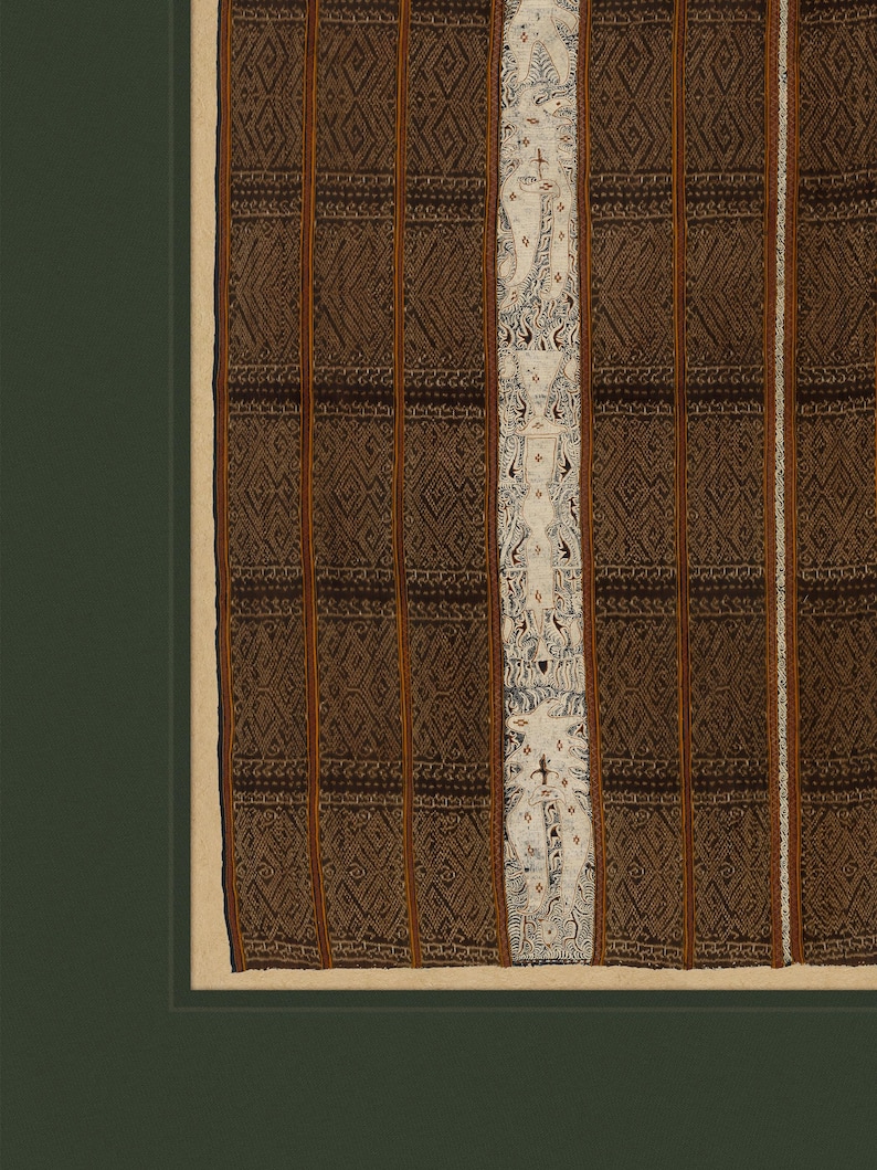 Close-up of antique textile print showing intricate brown and cream woven geometric patterns, highlighting fabric texture and fine details.