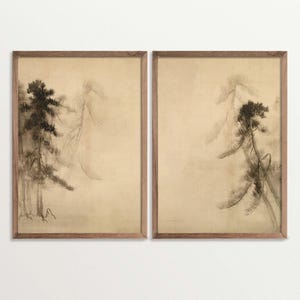 Set di stampe da parete Wabi Sabi: stampe minimaliste di schizzi di alberi di pino, decorazioni naturali per il soggiorno, arte giapponese per la casa
