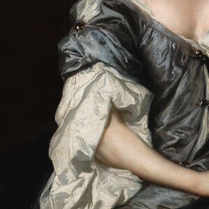 Close-up of a Baroque portrait highlighting the intricate folds of the silk gown and soft skin tones. The visible brushwork and painterly surface reveal fine art detail and elegant craftsmanship.