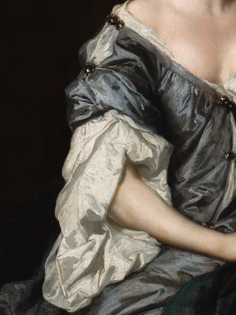 Close-up of a Baroque portrait highlighting the intricate folds of the silk gown and soft skin tones. The visible brushwork and painterly surface reveal fine art detail and elegant craftsmanship.