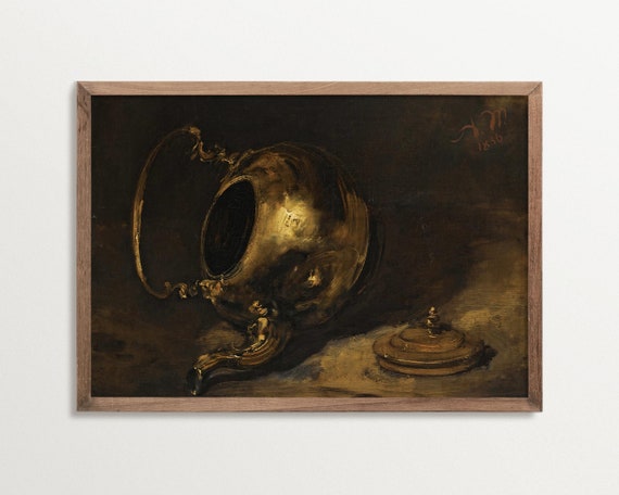 Antique Teapot Still Life Art Print, Vintage Kitchen Wall Decor, Moody Dark Academia Decor, Classic Old World Art, Rustic Historical Art