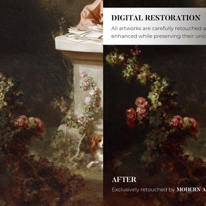 May include: Before and after digital restoration of an oil painting. The painting depicts a still life with flowers, a stone pedestal, and a dog. The before image shows the painting with faded colors and visible brushstrokes. The after image shows the painting with restored colors and a smoother appearance. The text "DIGITAL RESTORATION" is displayed above the images. The text "BEFORE" is displayed below the left image. The text "AFTER" is displayed below the right image. The text "Exclusively retouched by MODERN ANTIQUE PRINTS" is displayed below the after image.