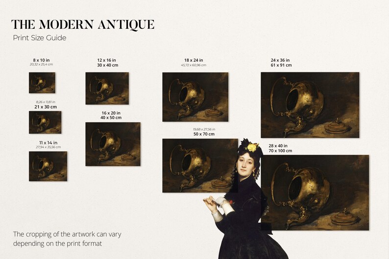 Size guide from Modern Antique Prints with the available size options for the art print.