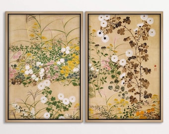 Chinoiserie Floral Canvas Diptych, Japanese Botanical Print Set of Two