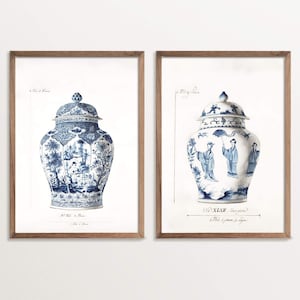 Set of Two Prints – Blue Chinoiserie Vase Prints | Vintage Asian Wall Art | Chinoiserie Ginger Jar Art | Wall Art Set
