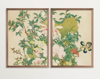 Green Chinoiserie Floral Wall Art Set of Two – Vintage Botanical Print Diptych, Oriental Bird Flower Art, Asian Inspired Home Decor