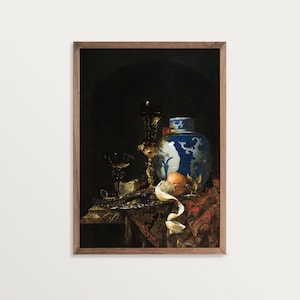 Baroque Still Life with Chinese Porcelain Jar | Antique Oil Painting Print | Dark Academia Decor