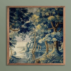 Decorazione murale con paesaggio romantico di verdure - Stampa quadrata rococò con paesaggio boschivo, decorazione cottagecore, arte tessile vintage per la casa in stile country francese