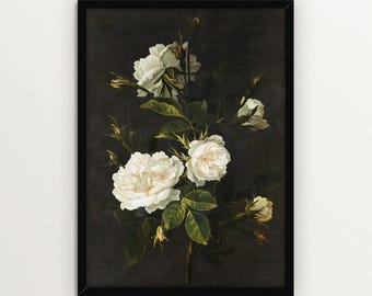 FRAMED Dark Botanical Rose Print – Moody Floral Still Life, Baroque Wall Decor, Vintage Flower Painting for Bedroom or Livingroom