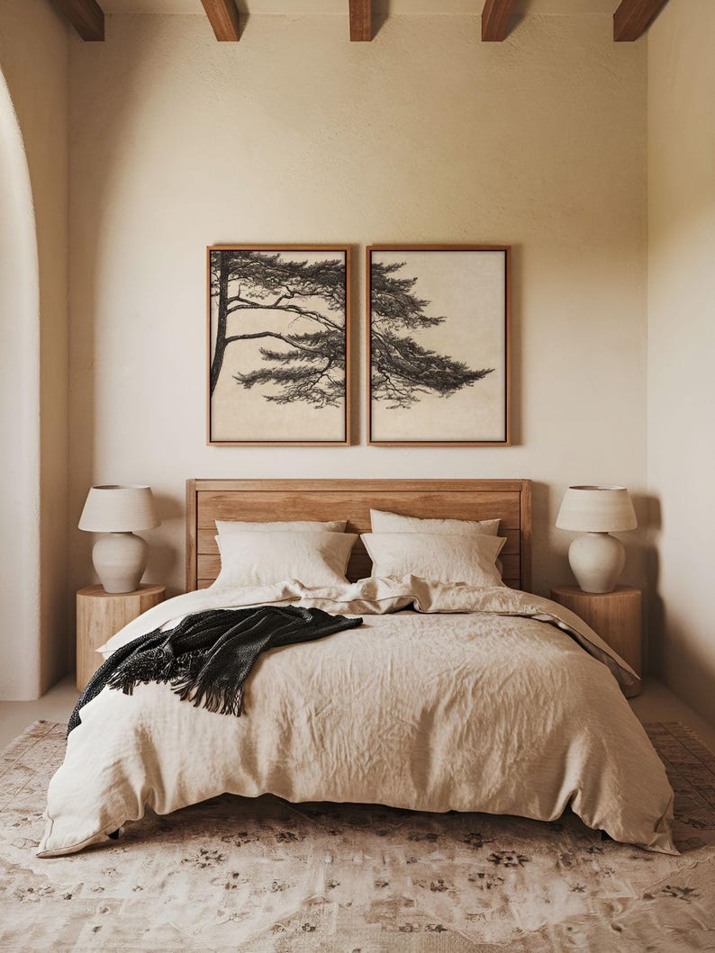 Wabi Sabi Pine Tree Wall Art Set – Vintage Woodland Landscape Diptych ...