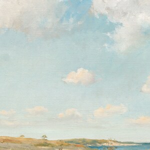 May include: A painting of a landscape with a dirt road leading to a body of water. The sky is a light blue with fluffy white clouds. The grass is a light green and the water is a dark blue.