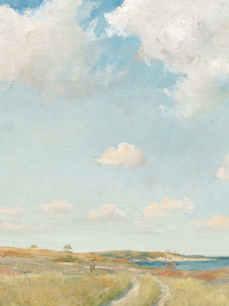 May include: A painting of a landscape with a dirt road leading to a body of water. The sky is a light blue with fluffy white clouds. The grass is a light green and the water is a dark blue.
