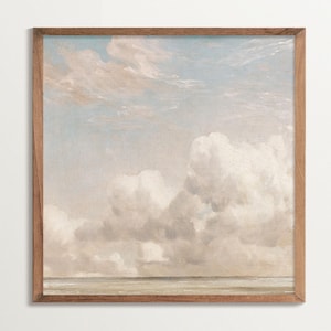 Poster quadrato vintage con nuvole - Stampa da parete con cielo antico e nuvole neutre, paesaggio sereno, arredamento per la casa Wabi Sabi, stile classico morbido