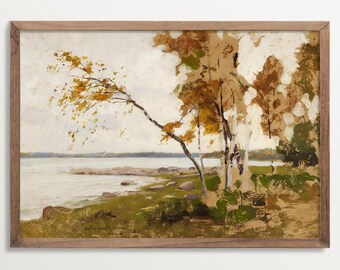 Vintage Landscape Painting Print, Lakehouse Decor, Farmhouse Wall Art