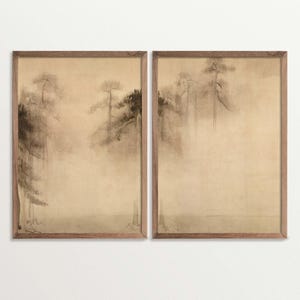 Set di due stampe da parete Wabi Sabi, schizzo di un pino, arte giapponese per la casa, decorazione naturale per il soggiorno