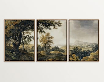 Framed Canvas Wall Art Set of 3 – Vintage Countryside Prints, Antique Landscape Canvas, Rustic Nature Scene, French Country Decor