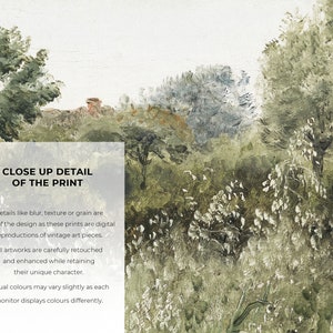 A detailed close-up of a vintage botanical landscape painting reveals textured brushstrokes, faded whites, and natural greenery. The subtle grain and delicate imperfection of the painting add Wabi Sabi character and enhance Japandi-style decor.