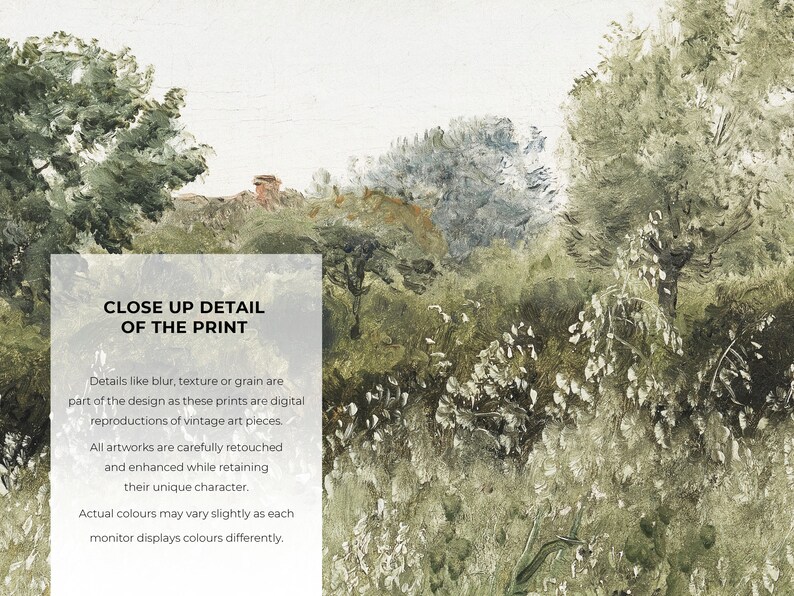 A detailed close-up of a vintage botanical landscape painting reveals textured brushstrokes, faded whites, and natural greenery. The subtle grain and delicate imperfection of the painting add Wabi Sabi character and enhance Japandi-style decor.