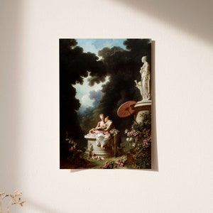 May include: A painting depicting two people sitting on a stone pedestal in a garden setting. The people are dressed in 18th-century clothing and are holding a small object. A statue of a woman stands on a pedestal behind them. The painting is set against a backdrop of trees and a cloudy sky.