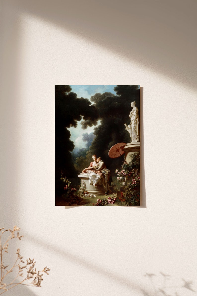 May include: A painting depicting two people sitting on a stone pedestal in a garden setting. The people are dressed in 18th-century clothing and are holding a small object. A statue of a woman stands on a pedestal behind them. The painting is set against a backdrop of trees and a cloudy sky.