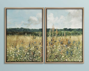 Vintage Wildflower Canvas Wall Art Set - French Cottage Meadow Diptych, Cottagecore Nature Decor for Living Room & Bedroom