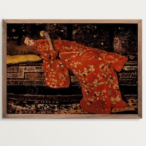 Vintage Portrait Painting Print - Red Kimono | Vintage Woman Oil Painting | Modern Antique Prints