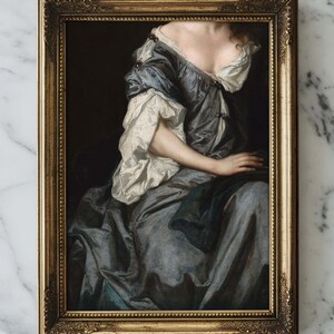 Baroque portrait art print showing a seated woman in a blue silk gown with white sleeves, painted with soft light and rich texture. The elegant style and muted tones evoke timeless sophistication for classic wall art decor.