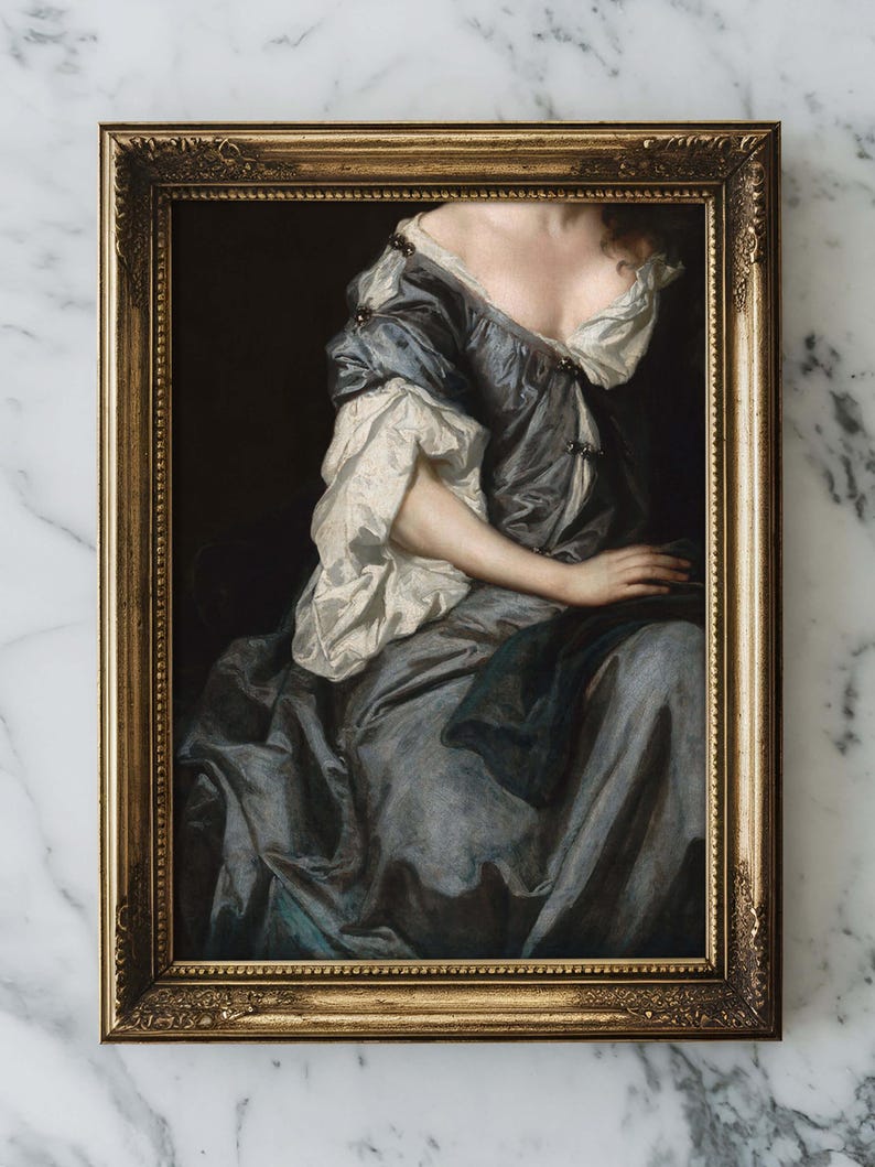 Baroque portrait art print showing a seated woman in a blue silk gown with white sleeves, painted with soft light and rich texture. The elegant style and muted tones evoke timeless sophistication for classic wall art decor.