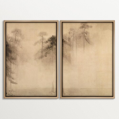 Wabi Sabi Pine Tree Canvas Wall Art – Minimalist Japanese Ink Style Diptych, Neutral Prints, Tranquil Nature Decor for Bedroom & Living Room