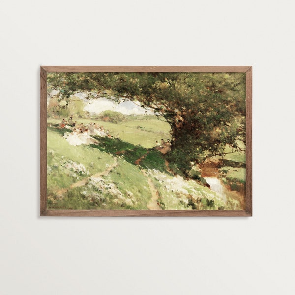 Spring Landscape Painting Print | Vintage Cottagecore Decor | Soft Green Landscape