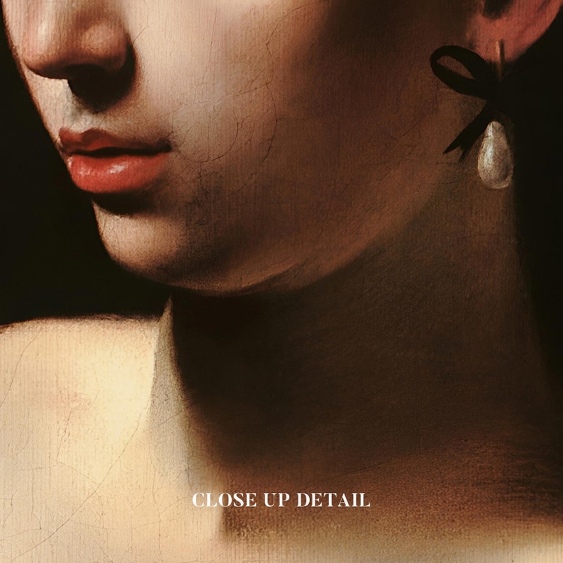 May include: Close-up detail of a woman's face, showing her lips, chin, and neck. She is wearing a pearl earring with a black bow.