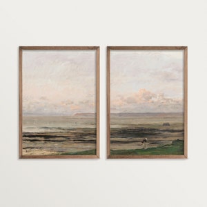 Moody Seascape Painting Print Set – Beach at Tide | Set of 2 Prints | French Country Decor