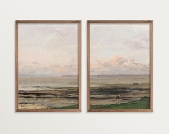 Moody Seascape Painting Print Set – Beach at Tide | Set of 2 Prints | French Country Decor