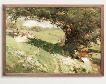 Lente landschap schilderij print | Vintage Cottagecore-decor | Zachtgroen landschap