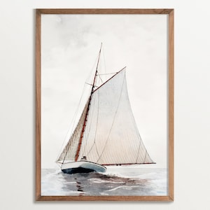 Vintage Sailboat Print, Neutral Wall Art, Seascape Print