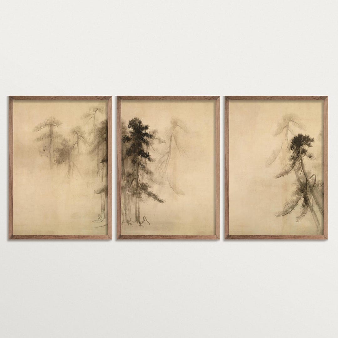 Japandi Pine Tree Print Set, Wabi Sabi Triptych Wall Art, Nature Home ...