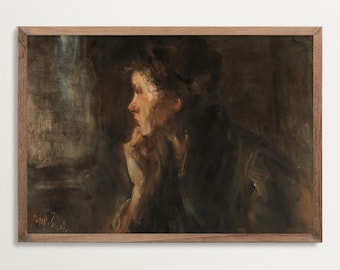 Moody Portrait Wall Art Print – Dark Academia Vintage Painting of Woman, Antique Portrait for Elegant Interiors and Gallery Wall Decor