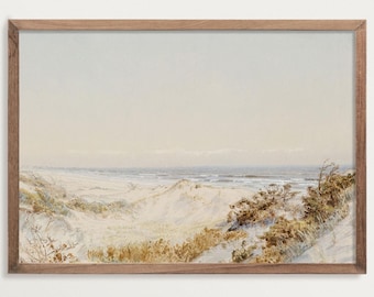 Pintura de paisaje marino: Dunas en la playa / Arte mural de playa en tonos suaves / Pintura costera vintage en tonos neutros