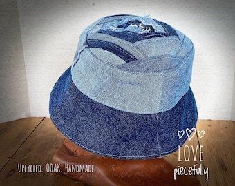 Distressed denim XLarge Bucket Hat, Patchwork reclaimed jeans in shades of blue, Handmade unique streetwear look. Yellow plaid lined. OOAK