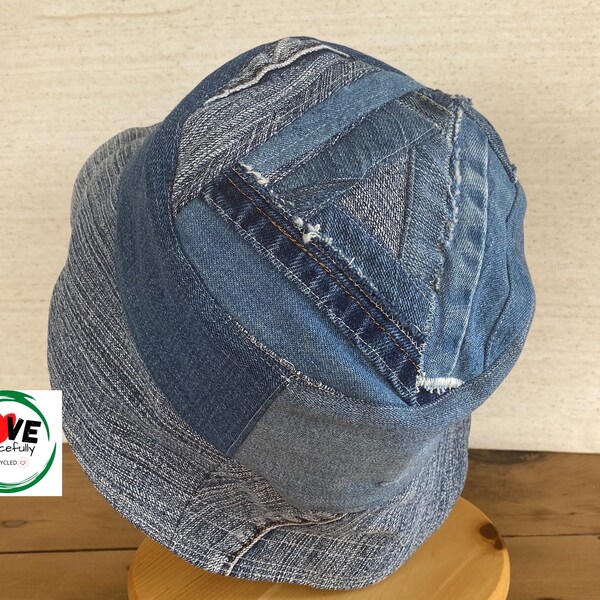 XL Bucket Hat with distressed denim patchwork, Up Cycled handmade boonie hat, Unique and funky style in a One of A Kind design, plaid lined