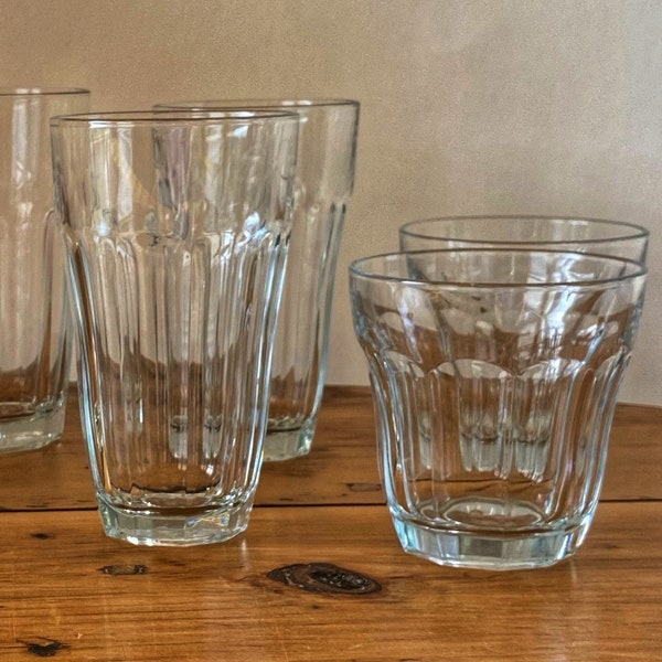 Palaks Pasabahce 10 panel glass ware. Set of 6: 2 each of 3 sizes. Good used vintage condition. Heavy, elegant drink glass. MCM Midmod style